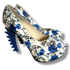 Blue & White Skull-Print Platform High Heels - Women's Statement Pumps